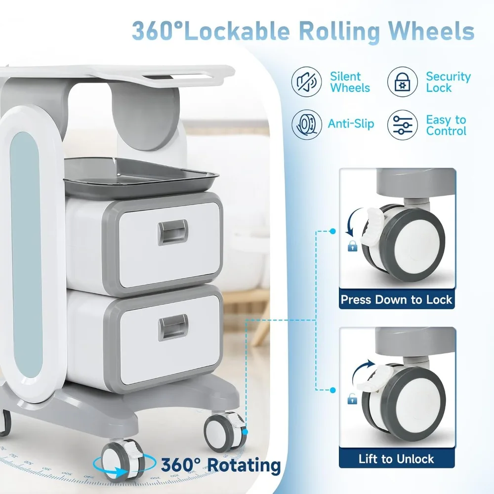 عربة ترولي مع درجين، عربة دوارة بالموجات فوق الصوتية المتنقلة مع عجلات وصواني، عربة تخزين أدوات تحميل 150 رطلاً