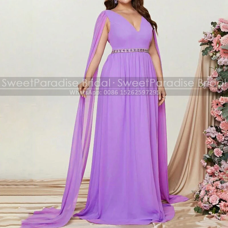 Lavender Chiffon A Line Mother of the Bride Dresses Customized Beaded Plunging Neck Plus Size Women Long Cloak Evening Dress