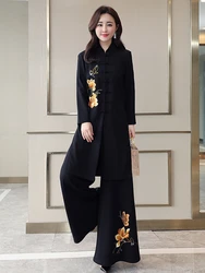 New Women Chinese Style Two Piece Set Women Fashion National Embroidered Wide Leg Pants Clothing Vintage 2022 Suit Qipao Dress