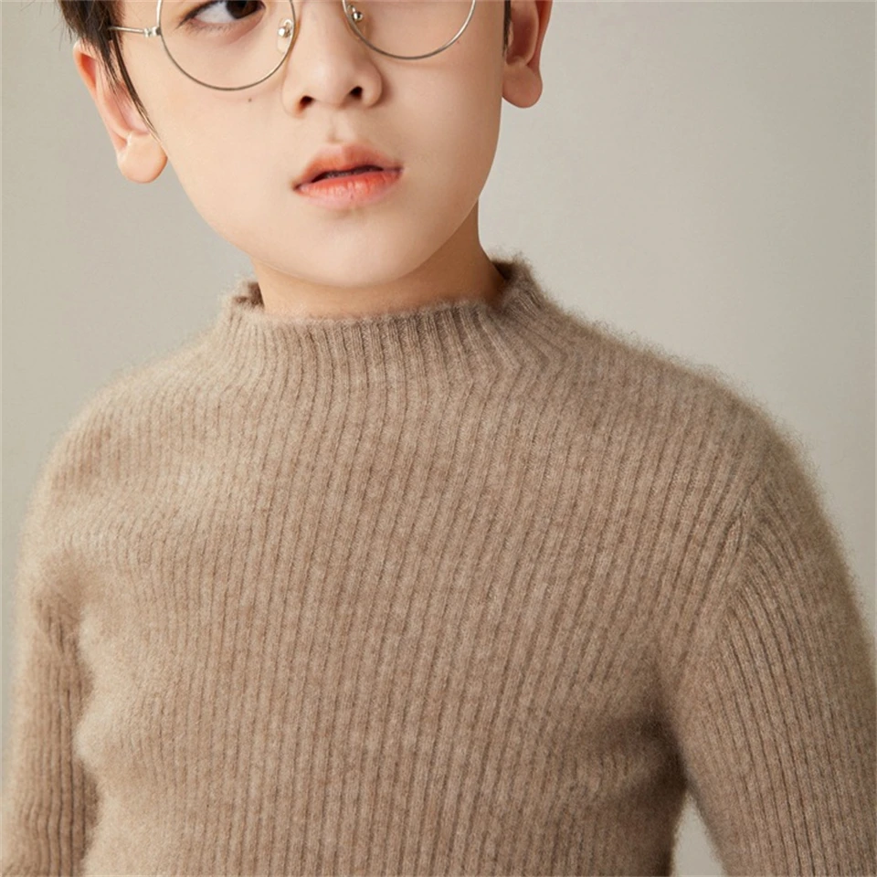 

Childrens solid color 100% wool sweater Boys and girls slim fit cashmere bottom sweater pullover warm small round neck sweater