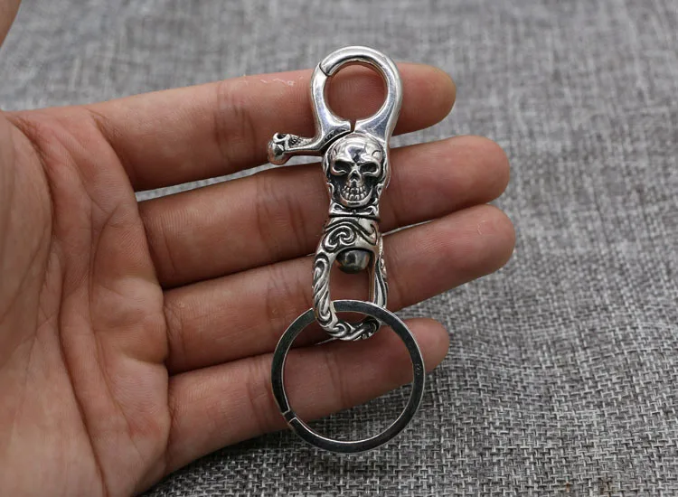 Sterling Silver 925 Key Ring Punk Cross Flower Skull High End Key Chain Leather Bag Chain Pendant