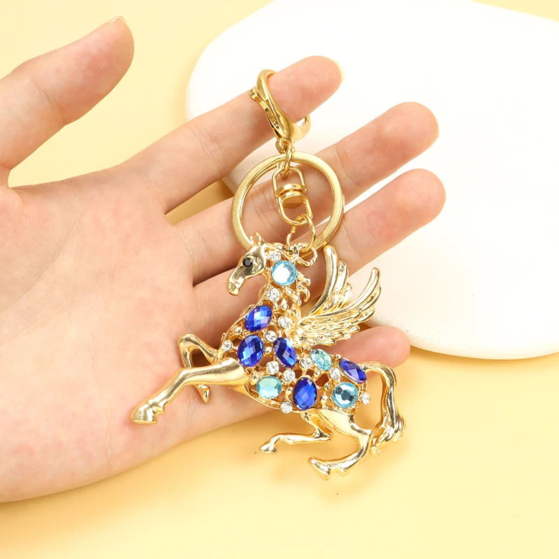 Exquisite Coloured Rhinestones Skyhorse Keychain Chinese Zodiac Gift Souvenir Bag Pendant Car Interior Horse with Wing Keyring