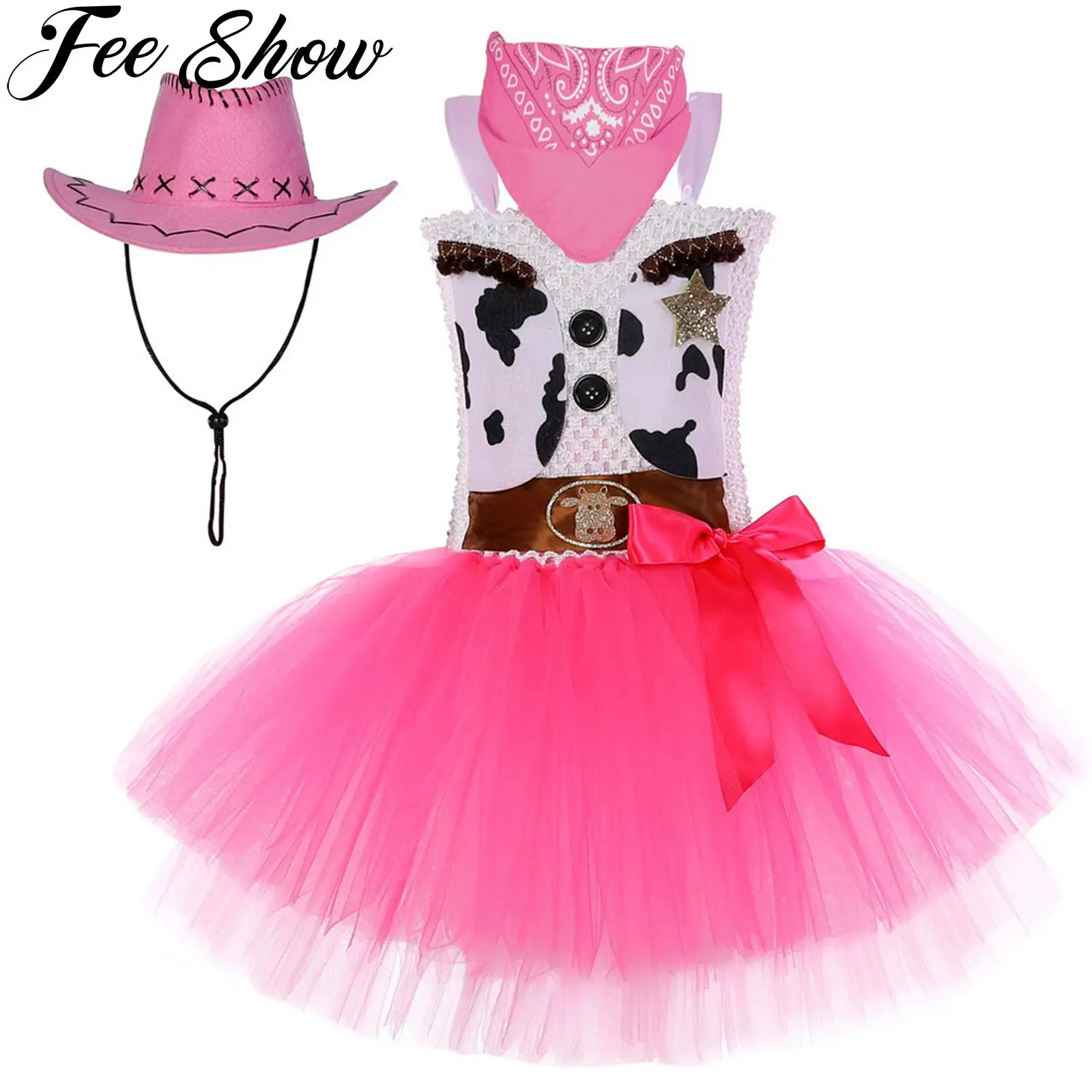 

Cowgirl Costume for Girls Halloween Cospaly Dresses Western Girl Dress Up Party Cowgirl Role Play Sleeveless Tutu Dress with Hat