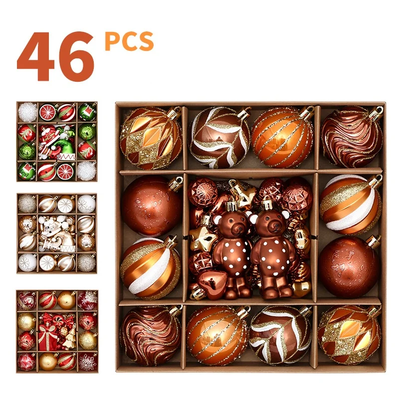 46PCS Christmas Balls Gift Box Christmas Tree Ornaments Gold Bronze Shatterproof Hanging Ball Pendant New Year Xmas Decoration
