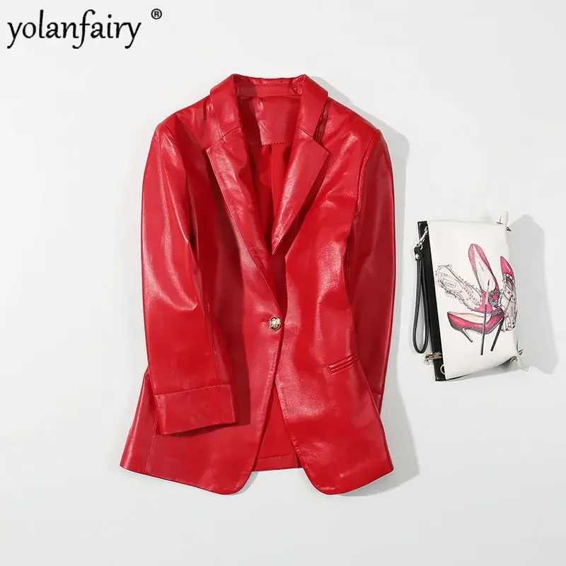 YOLANFAIRY سترة جلدية أصلية للنساء معطف من جلد الغنم الطبيعي للنساء ملابس جلدية قصيرة ضيقة للربيع Chaqueta Cuero FCY417
