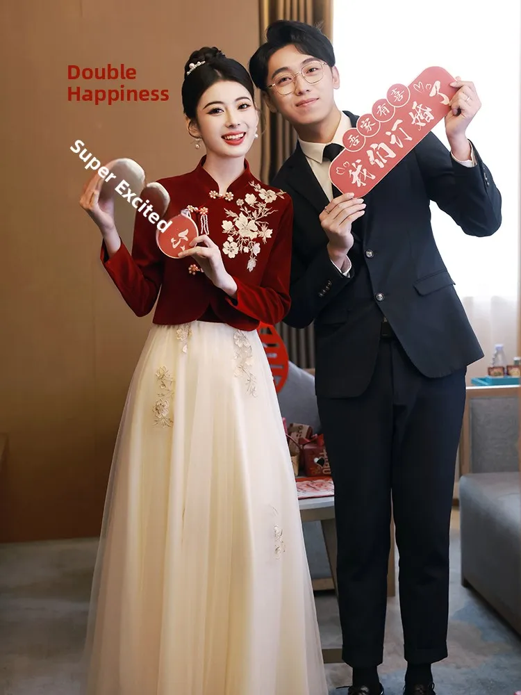 

Red Wedding Dr Suit Chinese Sle Engagement Ceremony Dr Autumn Winter ort Size Wedding Gown Vintage Floral