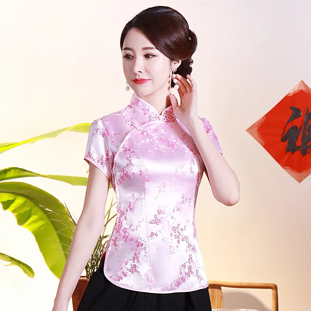 

Pink Women Short Sleeve Blouse Female Stain Flower Shirt Chinese Style Handmade Button Tang Clothing Novelty Tops For Women