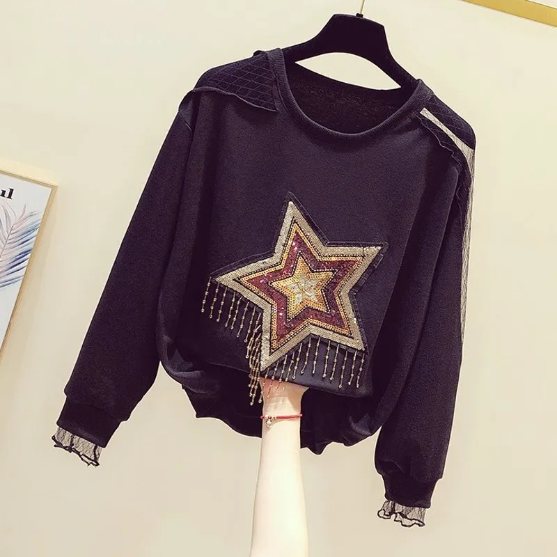 

Top Quality Diamond Shine Star Women Sweatshirts 2024 Autumn New Long-sleeved Loose Thicken Warm Female Elegant Pulls Outwears