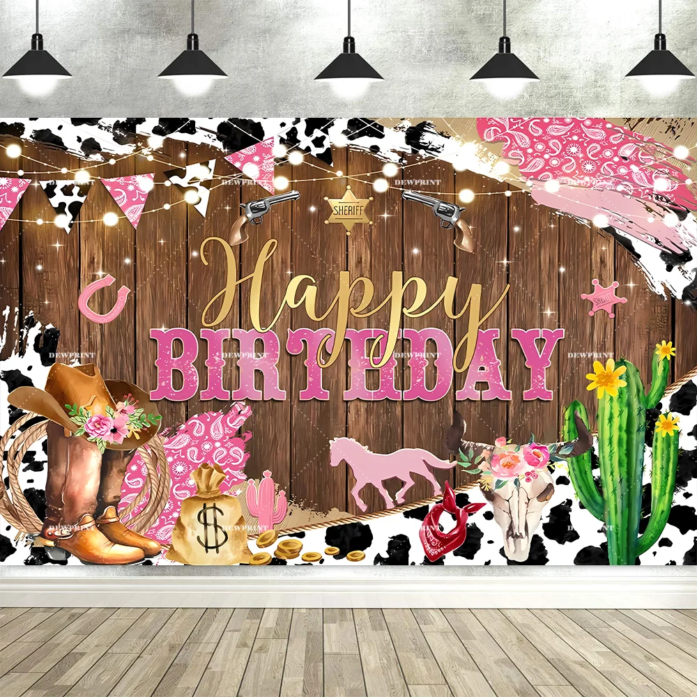 Dewprint Western Cowgirl Birthday Decorations Backdrop Girls Women Party Rustic Rodeo Boot  Wild West Background Banner Props
