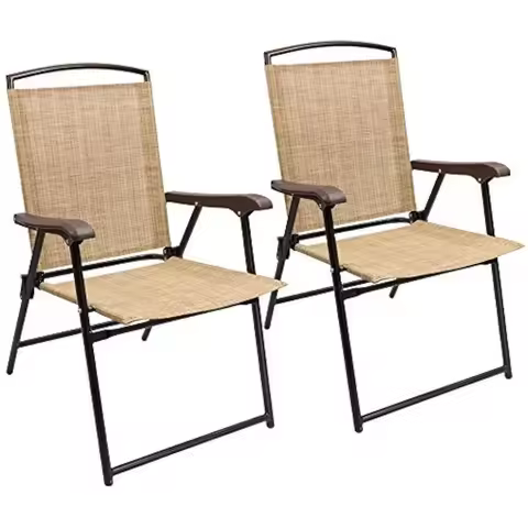 Set of 2 Beige Folding Sling Chairs for Patio, Deck, Camping, Garden, Pool, and Beach - Space Saving Design