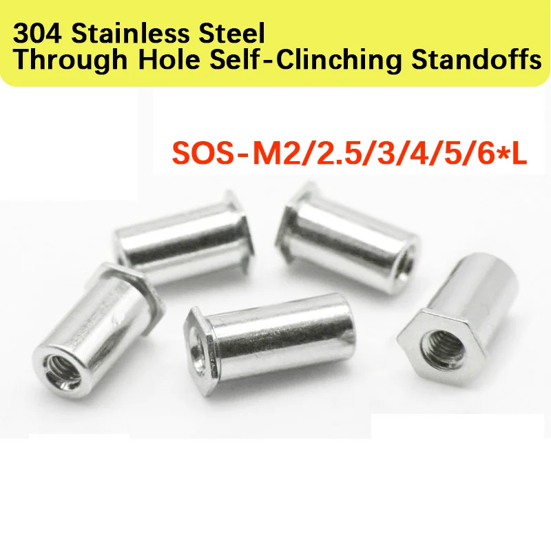 100pcs 304 Stainless Steel Through-Hole Self-Clinching Standoffs SOS-M2/2.5/3/4/5/6*L Hexagon Clinching Nuts Hardened Durable