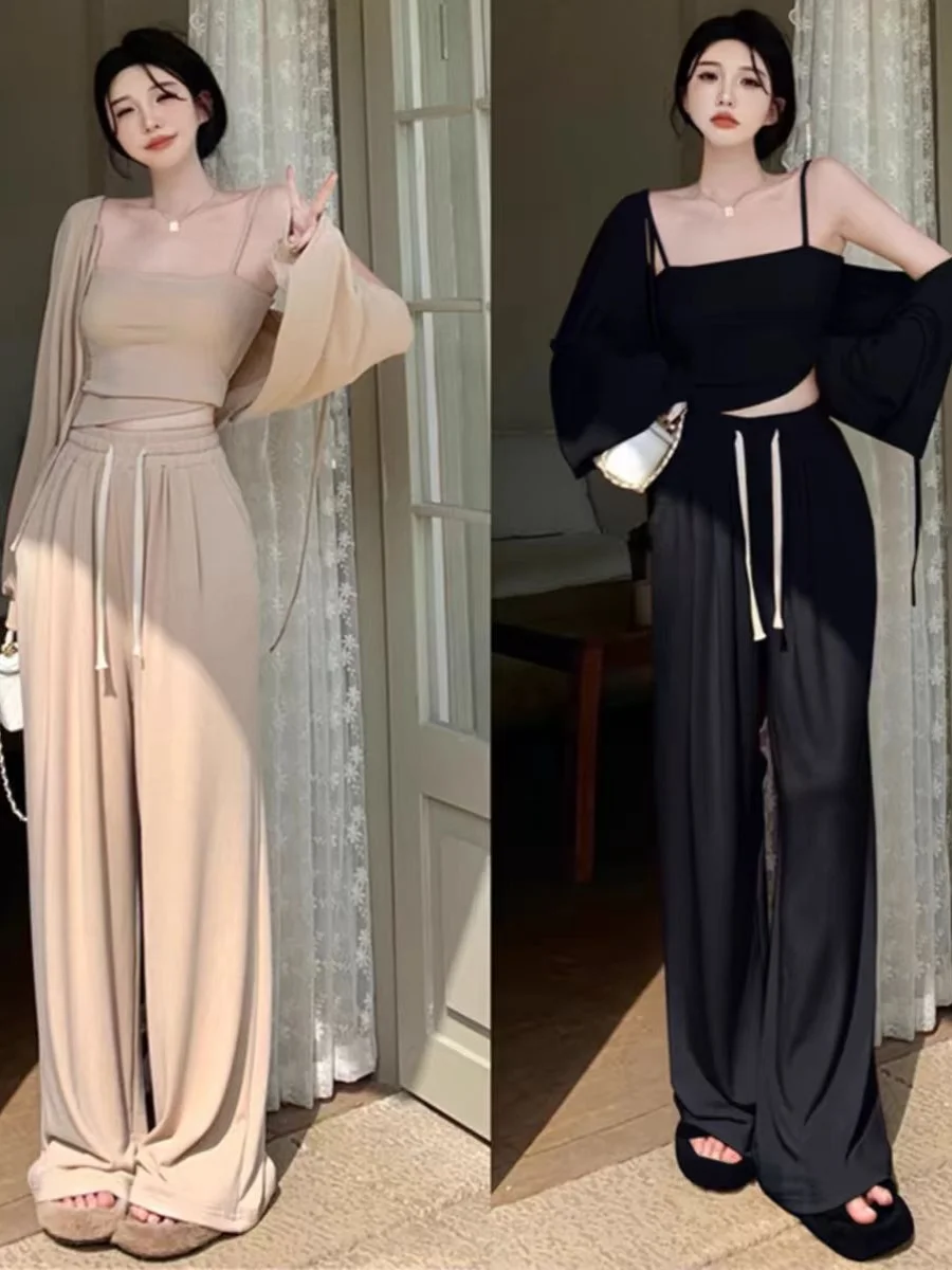 

Комплект широких брюк с высокой талией, женский повседневный комплект с асимметричным базовым слоем, весна-лето, новый комплект Sle Laid Ba Faion