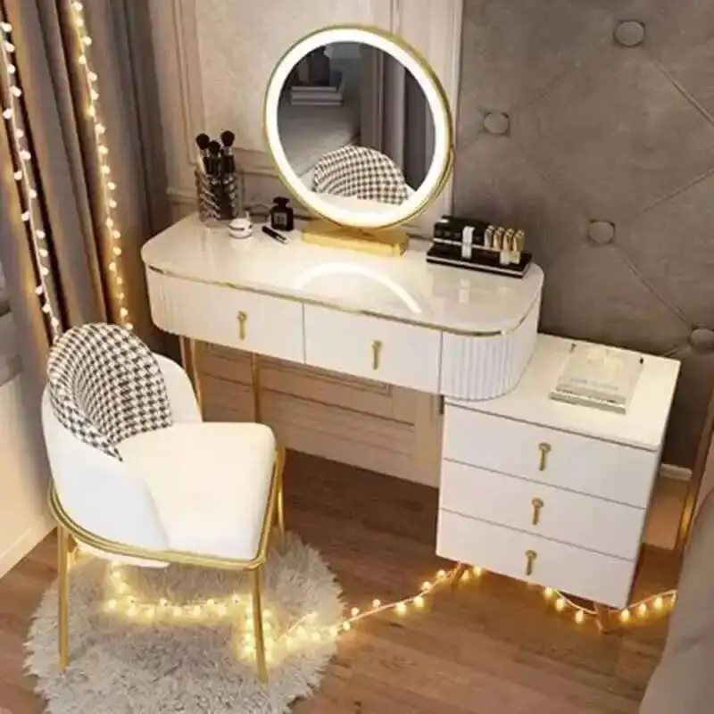 

Vanity Ornaments Gold Table Luxury Nordic Mobile Led Light Modern Vanity Table White Perfume Meuble De Rangement Decorations