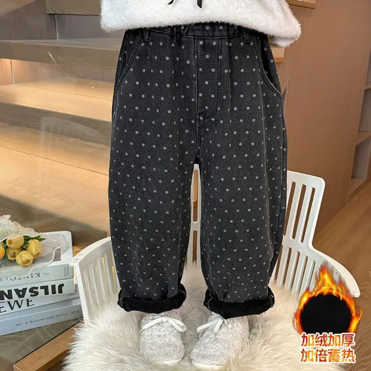 Girls' Winter Velvet Pants 2025 New Children's Autumn and Winter Thickened Integrated Velvet Jeans Baby Straight Pants