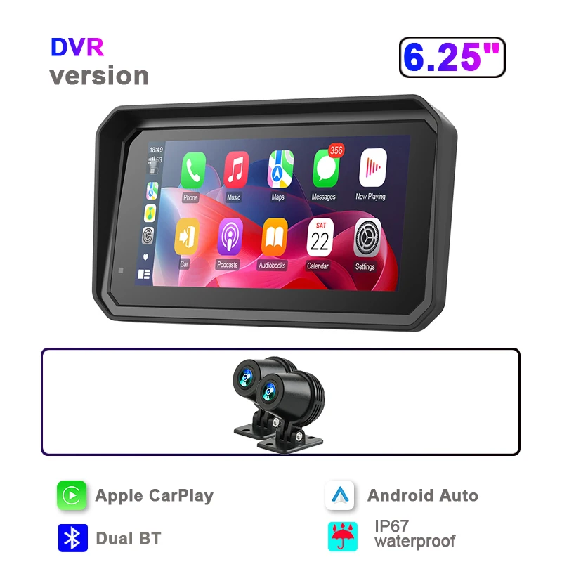 JMCQ Draagbare 6.25 inch Motorfiets GPS Navigatie IPX7 Waterdichte Draadloze CarPlay Android Auto Drive Recorder Ondersteuning 4K DVR