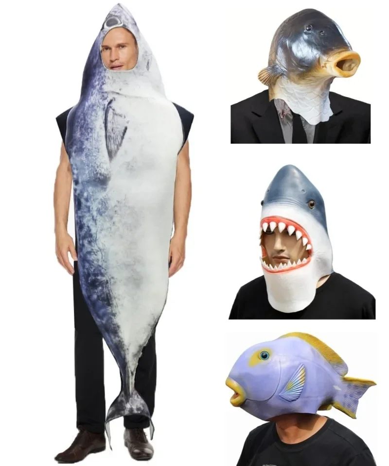 Fish Costume Funny Cosplay Suit for Festival Role Play Masquerade Shark Fish Face Latex Mask Costume Dress Party Props