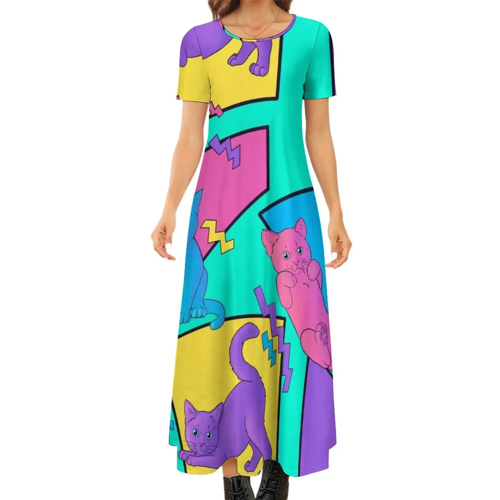 

Colorful cats and zig zags Round Neck Short Sleeve Dress dresses summer dresses for women