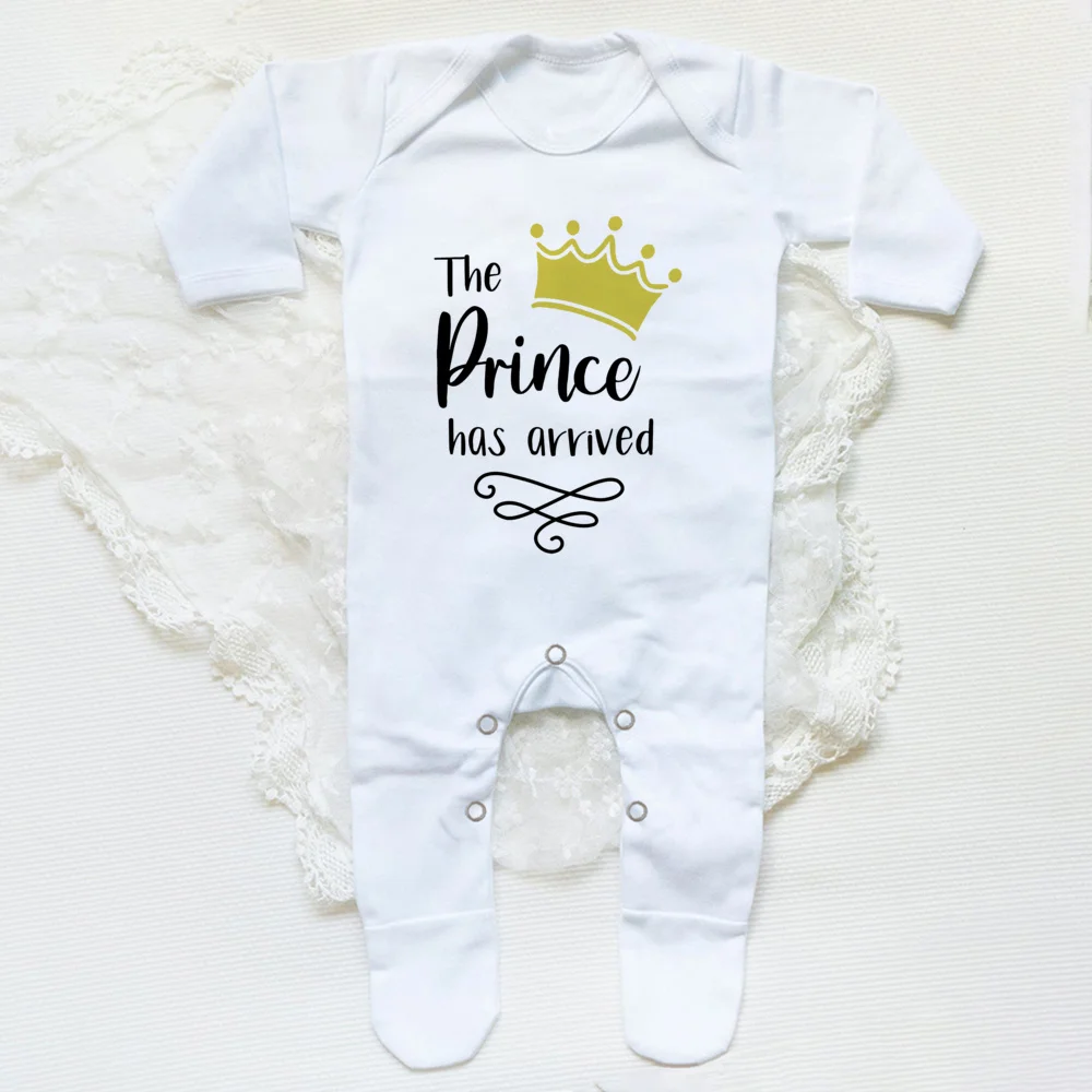 The Prince Has Arrived Print Baby Babygrow Sleepsuit Vest Bodysuit Newborn Boys Coming Home Hospital Clothes Infant Shower Gift