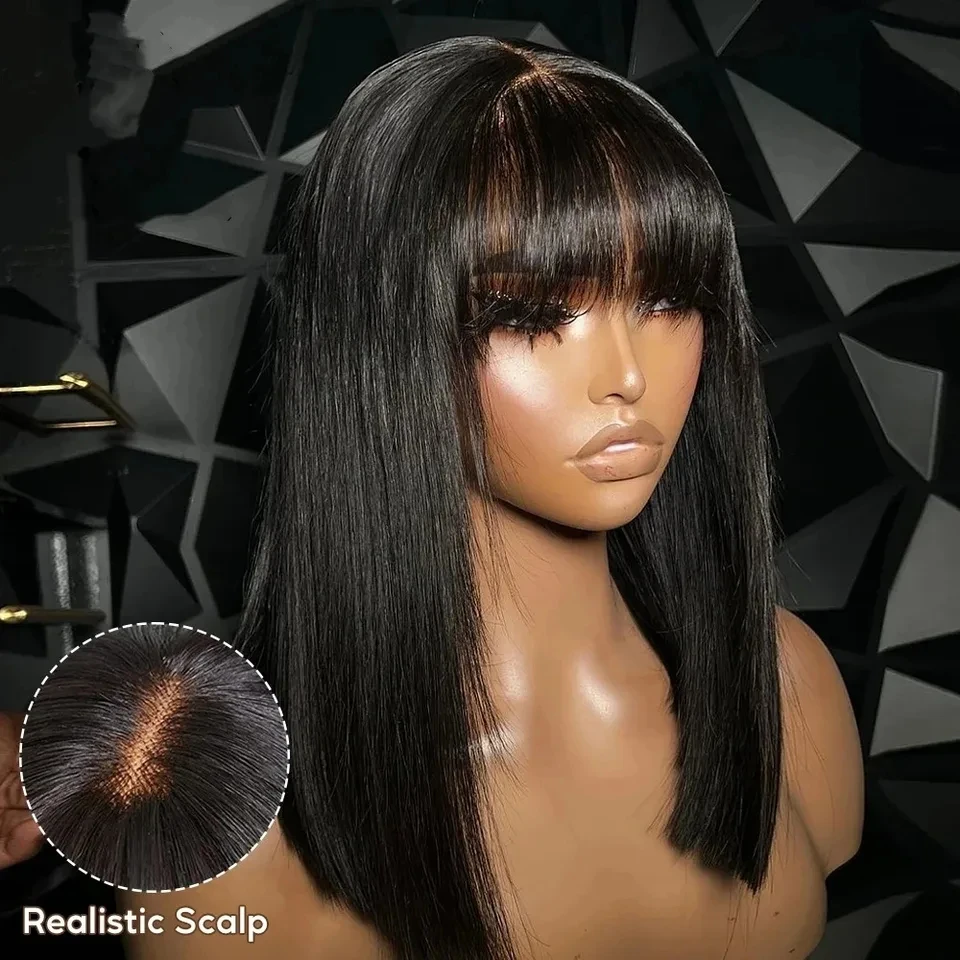 

Bone Straight Short Bob Wig With Bangs Brazilian Glueless Wig 3x1 Lace Middle Part Wig Human Hair 250% Density For Women
