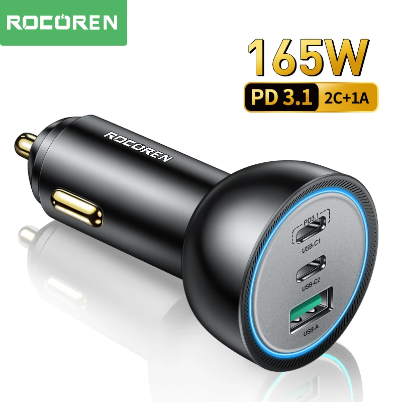 Rocoren-Carregador para automóvel para MacBook, Xiaomi, iPhone 14, 13 Pro Max, Carregamento Rápido, USB Tipo C, PD 3.1, 140W, 165W, QC 5.0