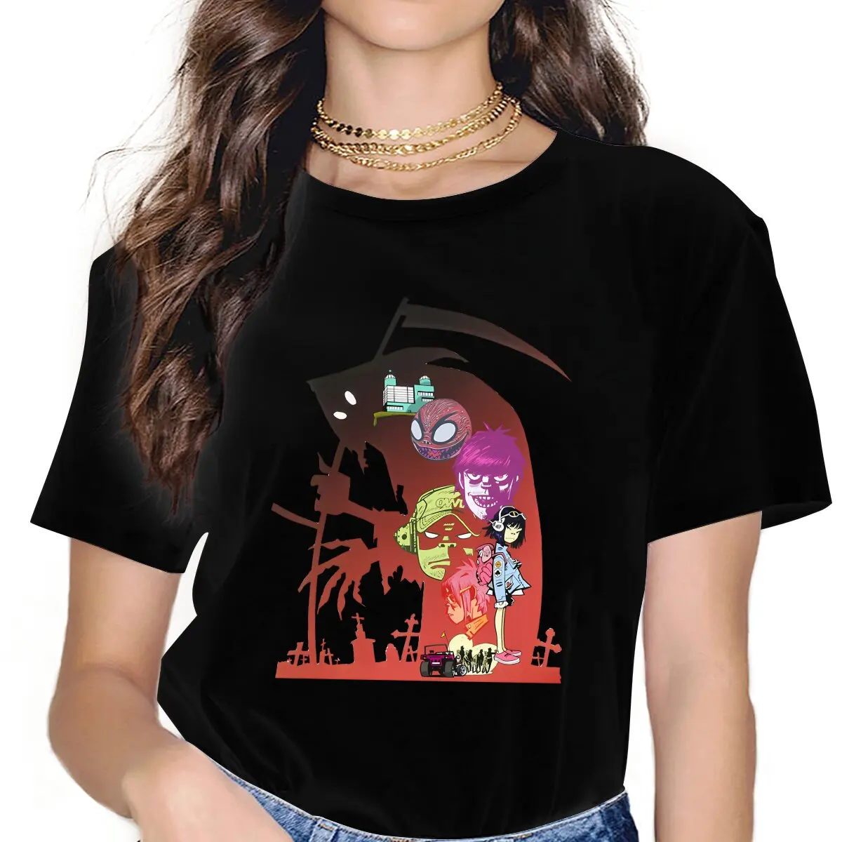 Ghost Band Gorillaz Women T Shirt Fibre Grunge Crewneck Polyester TShirt