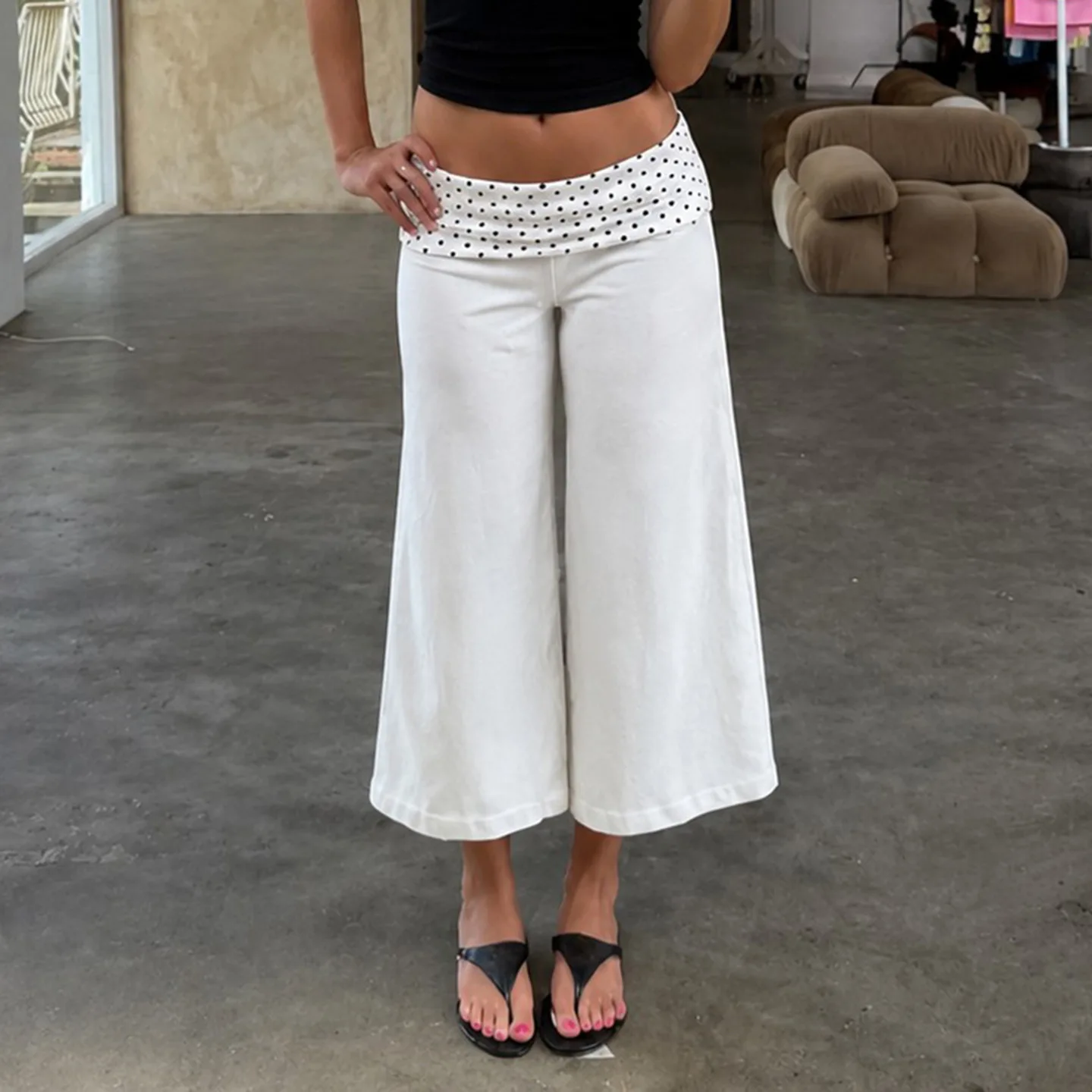 Y2K American Street Polka Dot Contrast Color Splicing Waist Leg Cropped Pants Low Waist Slightly Flared Mid Length Casual Pants