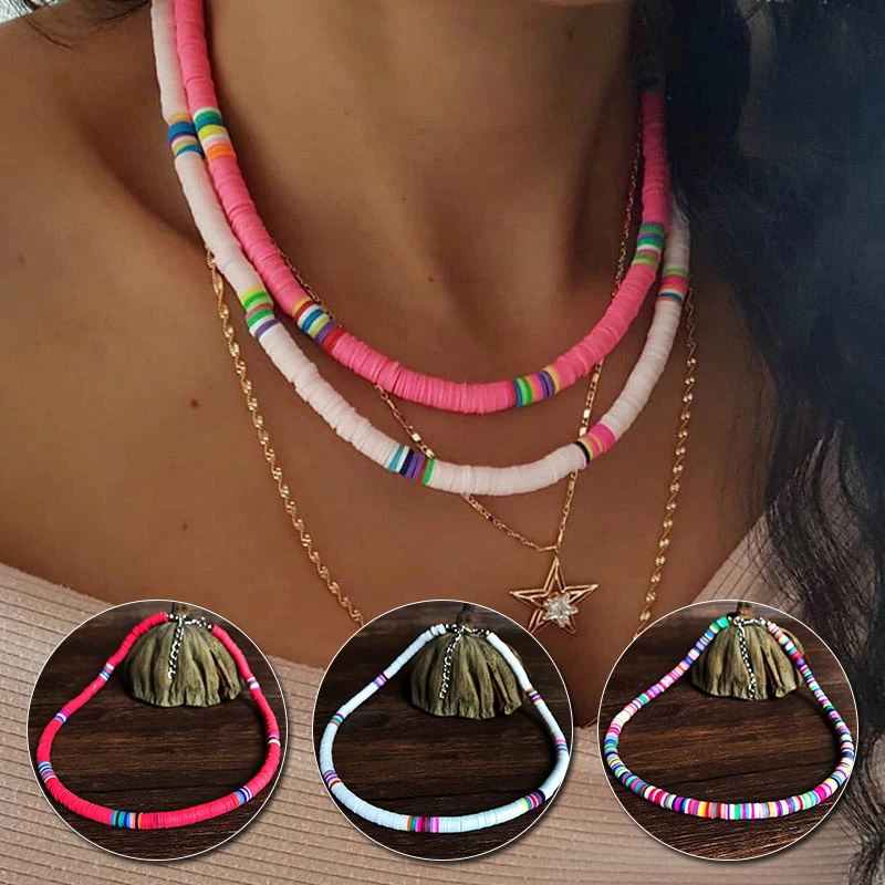 Boho Style Necklace Colorful Clay Beaded Choker Party Rainbow Polymer Clay Necklace Jewelry Gifts for Women Girls Adjustable