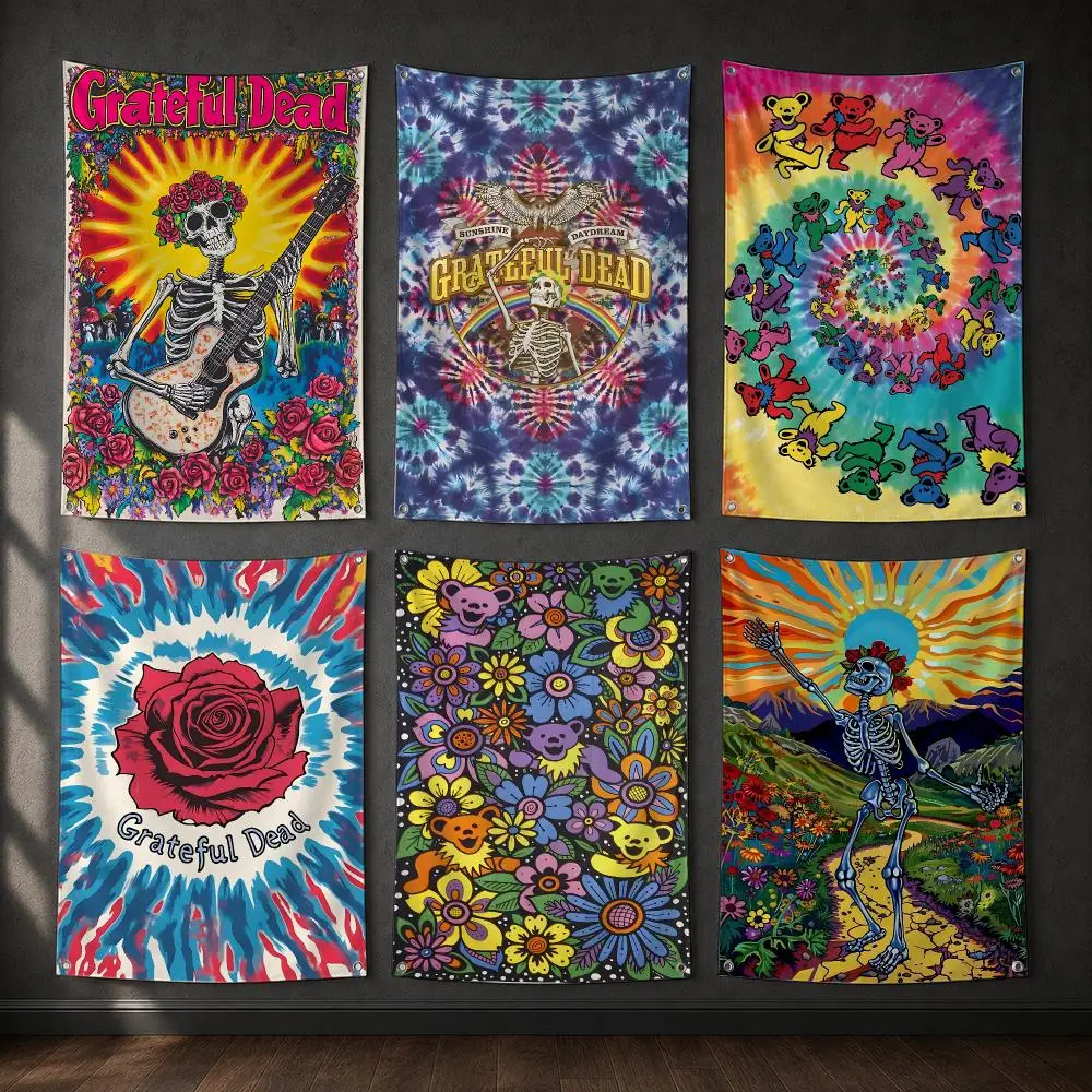 Grateful Dead 70s Psychedelic Rock Band Flags Tapestry Polyester Digital Printing Banner For Garage Wall Art Out Door Decoration