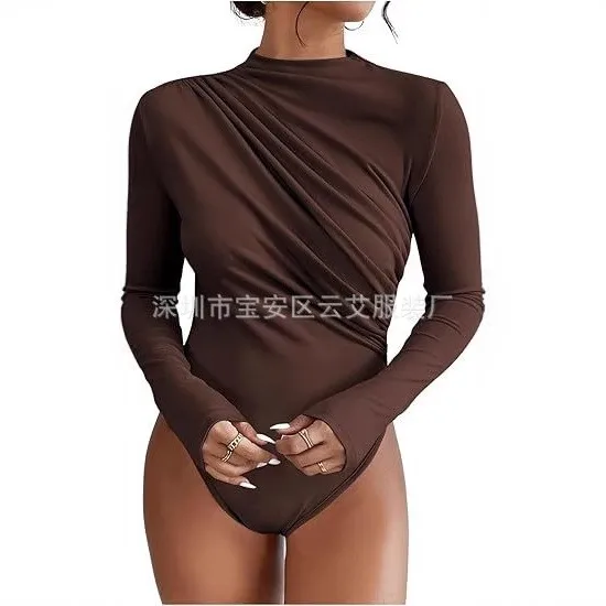 Hot Lingerie Jumpsuit Draped Front Romper Women's Body Lingerie Long Sleeve Bodysuit Minimalist Monochrome Solid Color view 3