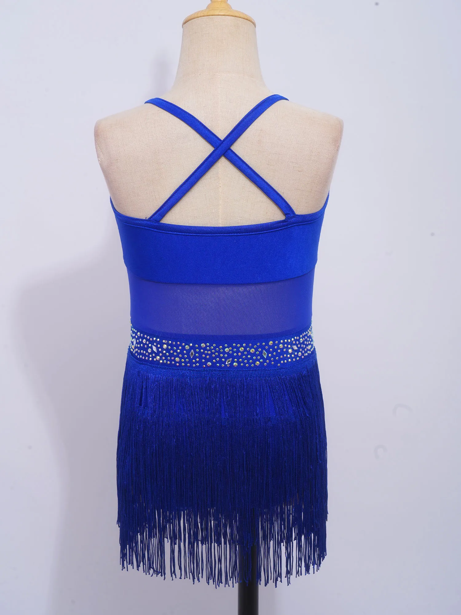 ชุดเต้นลาตินสำหรับเด็กผู้หญิง ชุดเลอทาร์ดประดับเพชร ชุดเต้นแซมบ้า แทงโก้ แจ๊ส ผ้าตาข่ายโปร่ง แต่งชายครุย ชุดบอดี้สูทแบบชิ้นเดียว