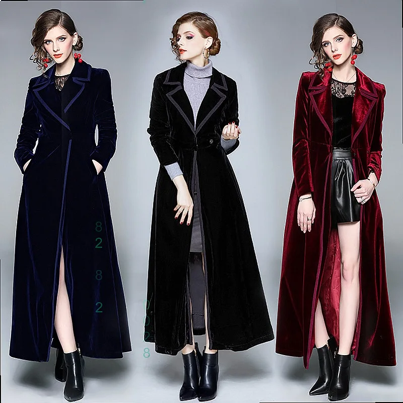 

Long Trench Coat Women Over Knee Long Velvet Coat Jacket Spring Fall Winter Outerwear Trench Coats