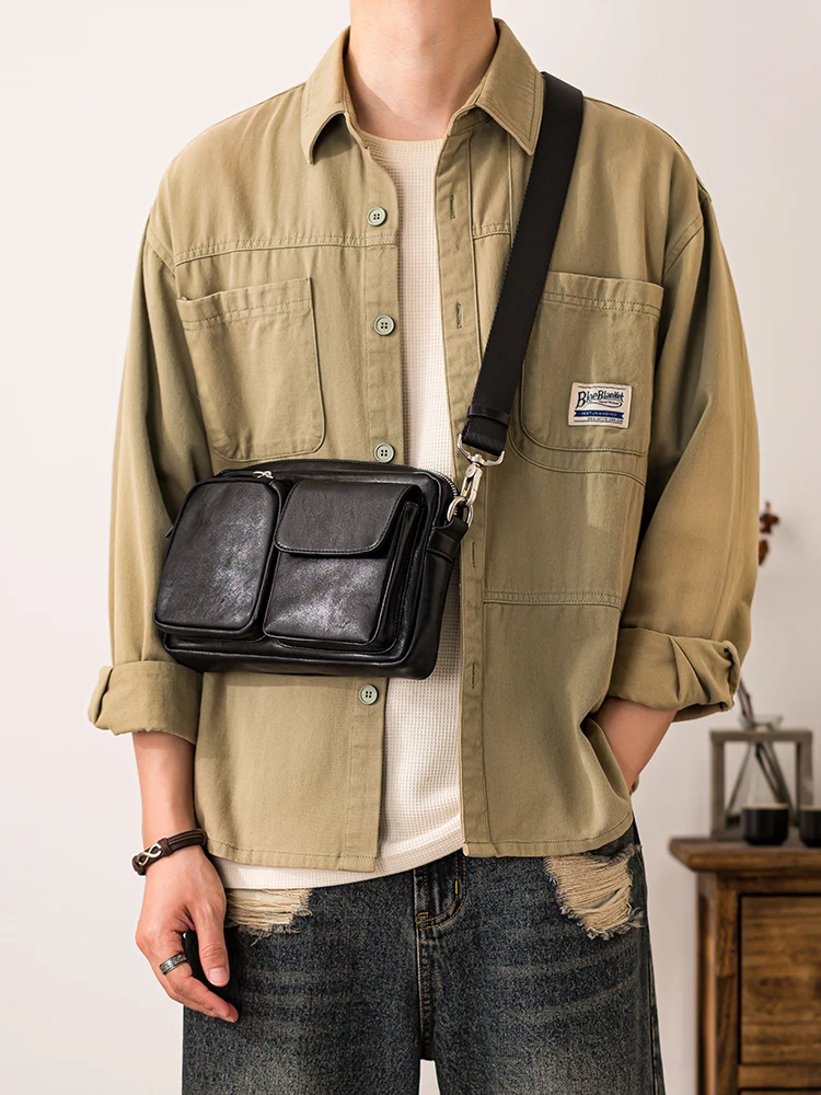 Outdoor riding luxury genuine leather men's crossbody bag business casual designer handmade cow leather black shoulder bag
