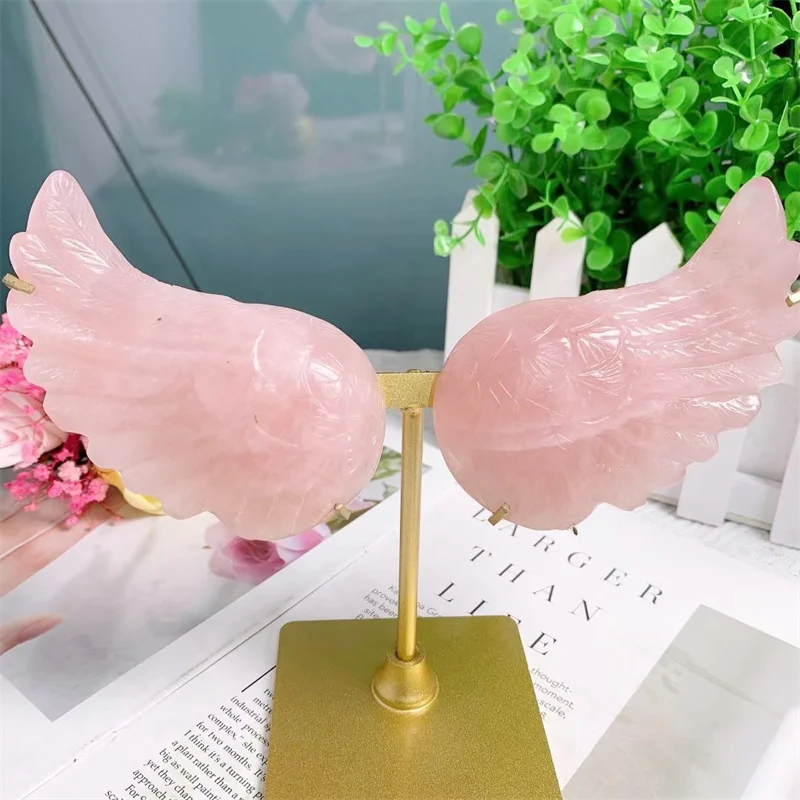 

Natural Rose Quartz Crystal Wings Carving Hand Polished Reiki Healing Gift Room Home Decoration 2pcs