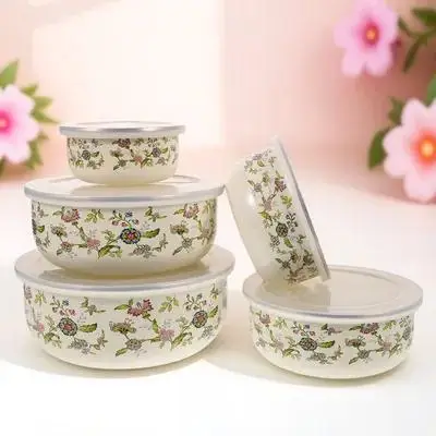 

5pcs Mixing Bowl Set Multi-Sized Enamel Bowls With Lids Fresh Storage Fruit Salad Containers Reusable Kitchen Serving Large Food