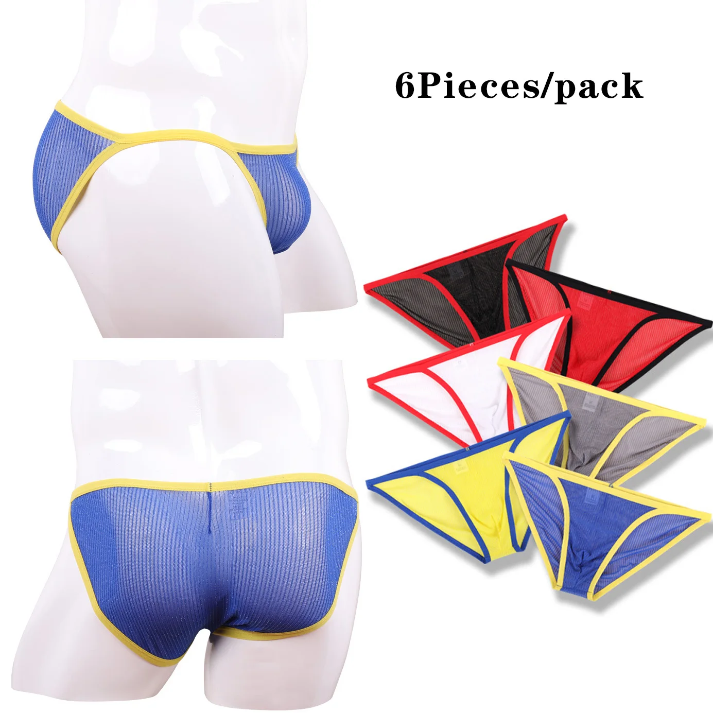 

6PCS Solid Color Mens Underwear High Cut Sheer Mesh Breathable Boxer Briefs