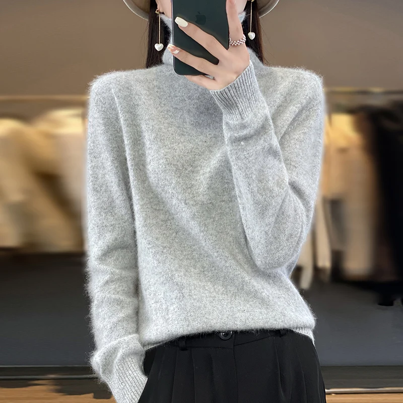 RONGYI Autumn And Winter 2023 Women's High Neck Pullover 100% Pure Mink Cashmere Sweater Knitted Soft Fashion Women's Clothing