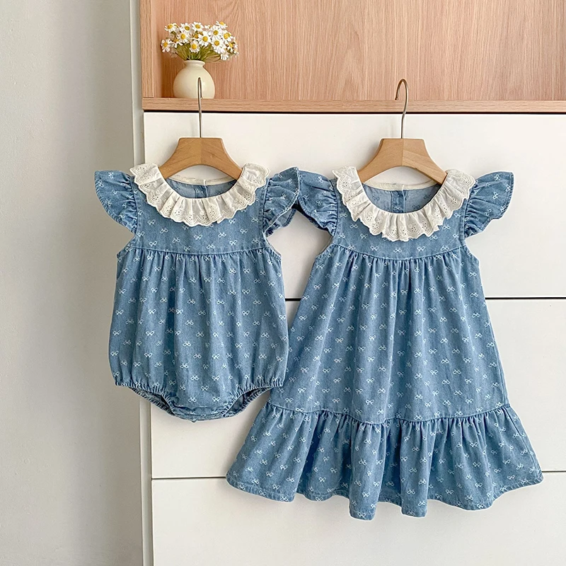 2026 Summer New Sister Dress 0-24M Flutter Sleeves Baby Girl Blue Bow Romper  2-6Yrs Kids Princess Lace Collar Dress