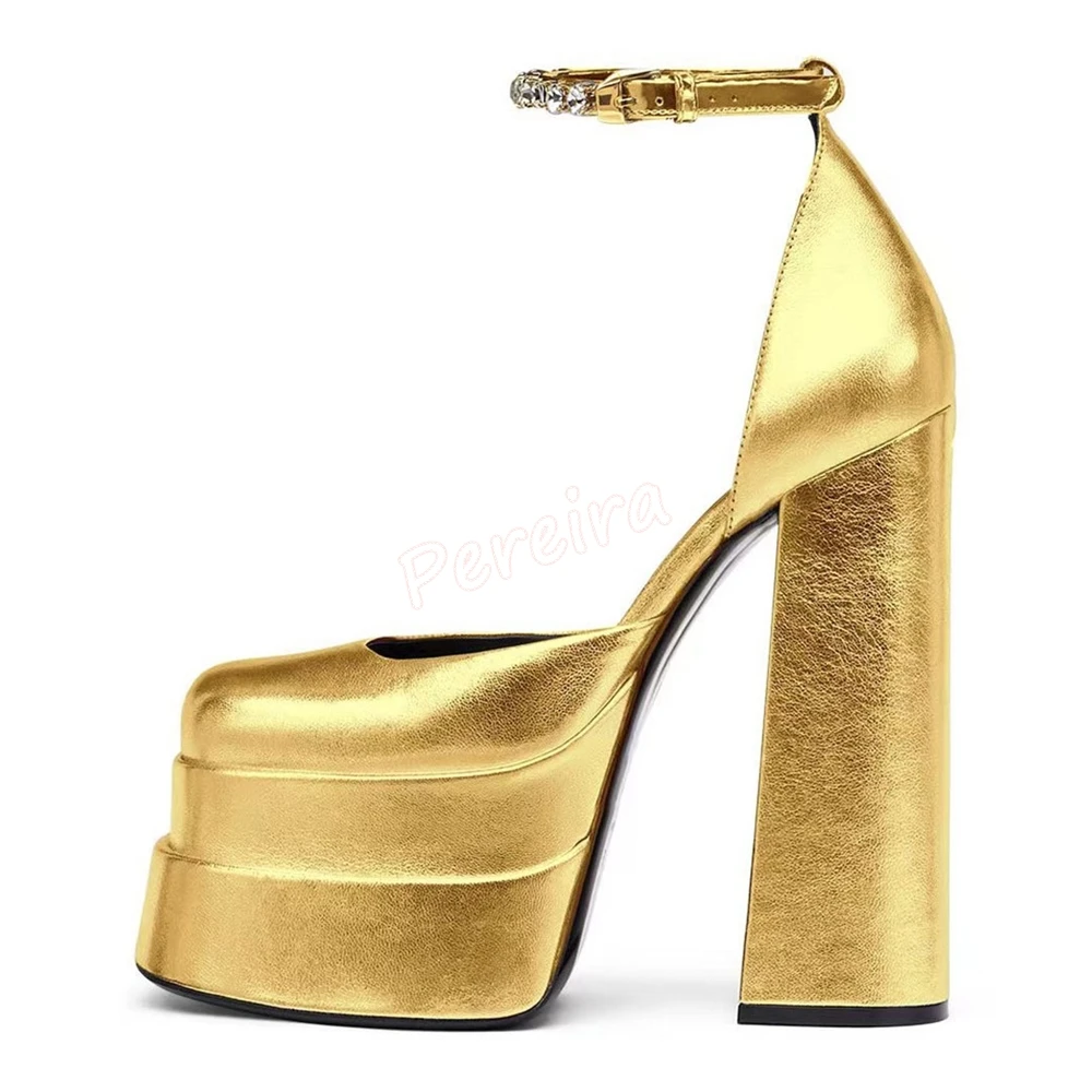 Gold Platform Buckle Rhinestone Pumps New Arrival Women Solid Round Toe Chunky Heel Solid Summer Footwear Party Shoes