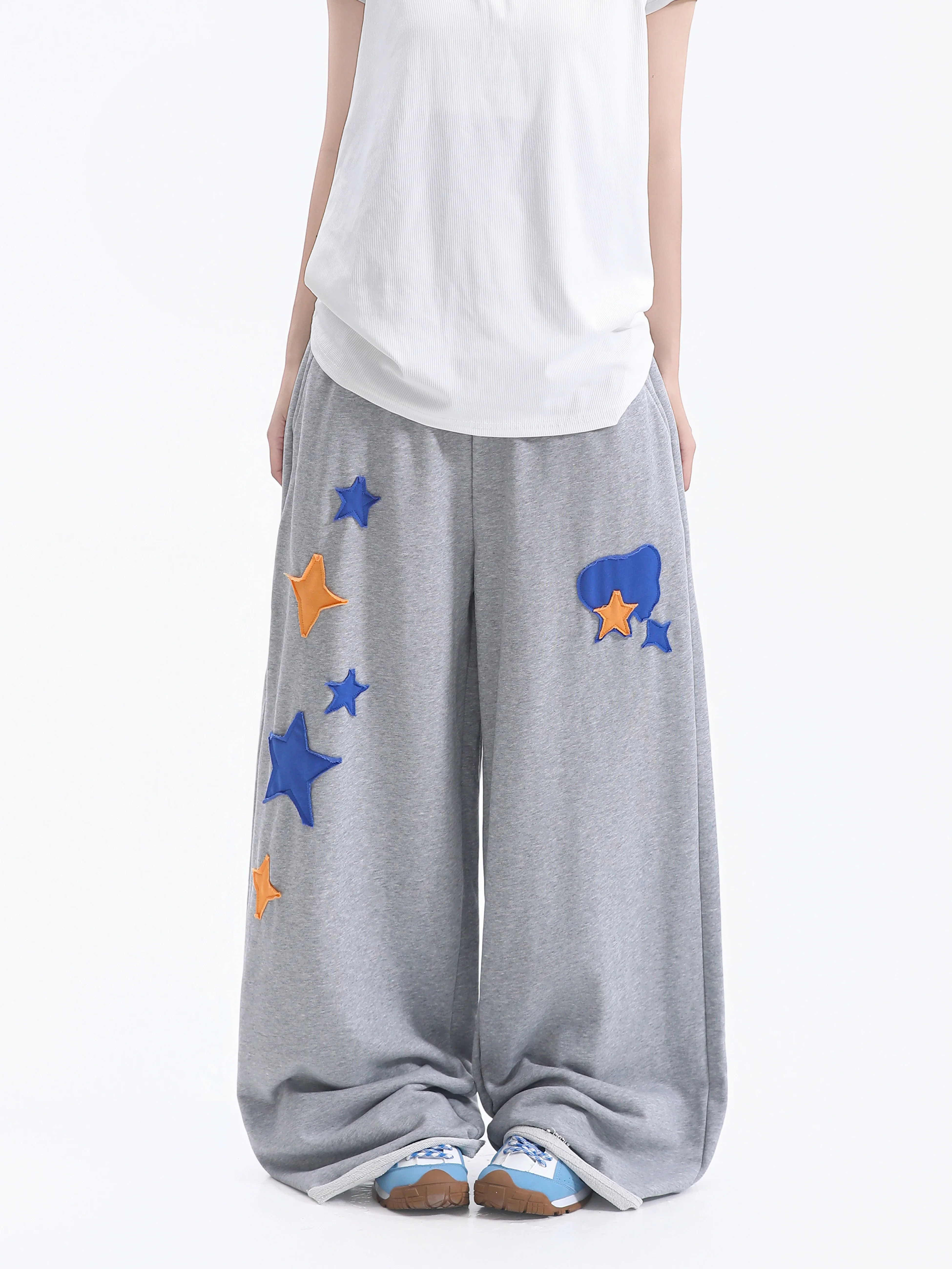 American Style Wide Leg Casual Pants Women's Loose Fit Neutral Star Patch Decorated Straight Cut Trousers Asymmetrical Design
