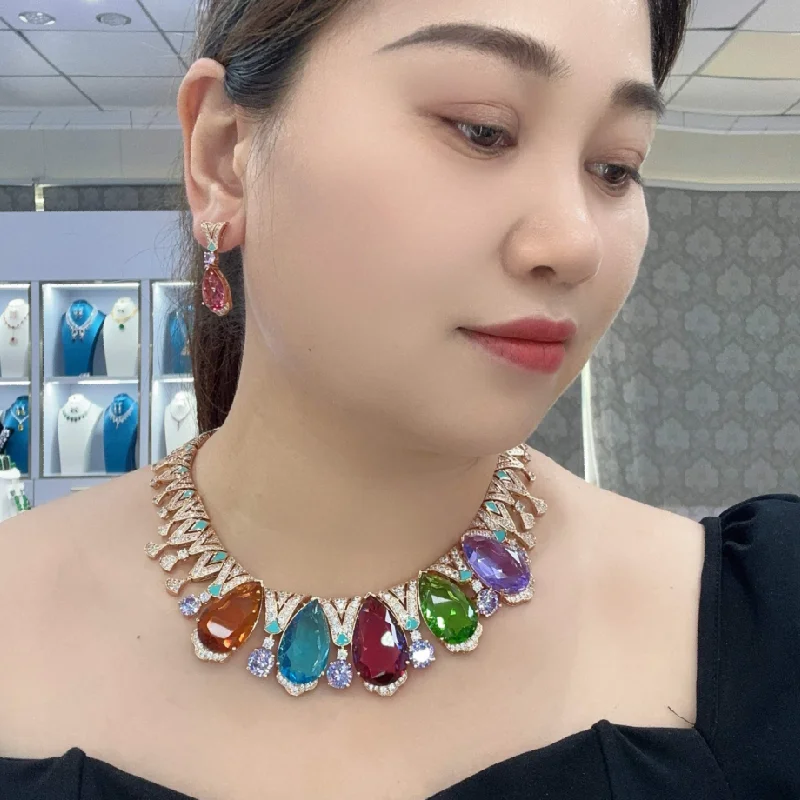 Designer Collection Style Earrings Bracelet Necklace Inlay Colored Drop Shape Cubic Zircon Synthetic Ruby Enamel Jewelry Sets