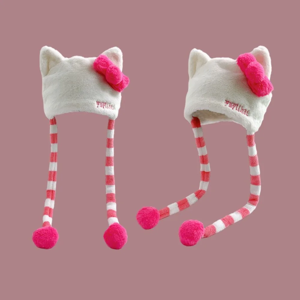 Oryginalne czapki Y2k Cute Cat Ears Plush Beanies dla kobiet Jesień i zima Ins Sweet Girl Lace-up Pullover Loli Hat Skullies