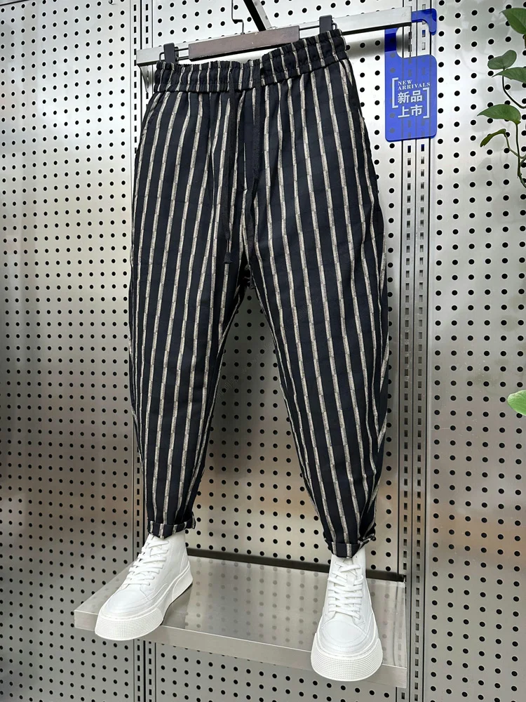 Summer New Fashion Trend Striped Slim Casual Pants Men Cotton Linen Breathable Comfortable Loose Youth Popular Nine-point Pants
