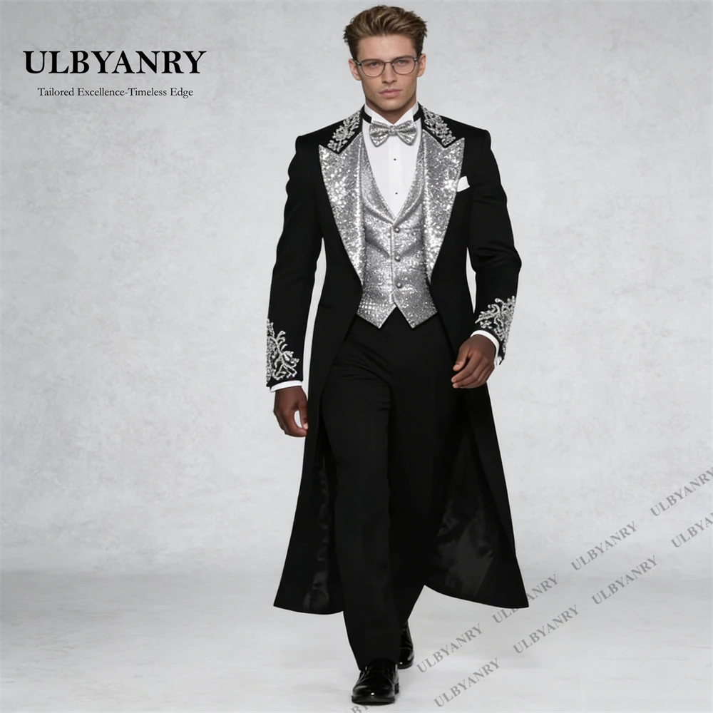 

ULBYANRY Men's Black Silver Sequin Tailcoat Tuxedo for Wedding Prom Red Carpet Tailored Fitting Formal Suits, Three Pieces