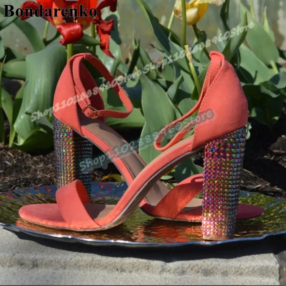 

Solid Flock Strap Sparkling Crystals Heel Sandals Chunky High Heel Women Shoes Ankle Buckle Strap Open Toe Zapatos Para Mujer