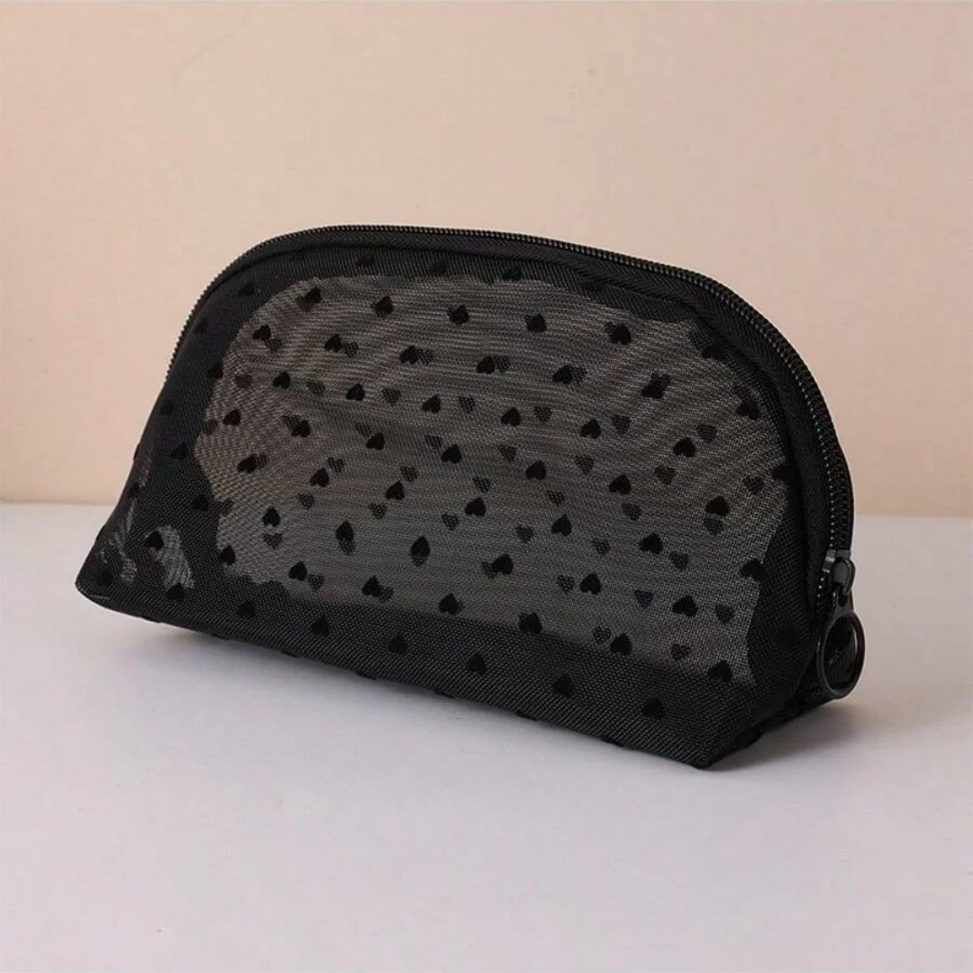 Zestaw 3 kosmetyczek z siatki, pluszowa torba do przechowywania w kształcie serca, przenośna torba podróżna do pielęgnacji, kompaktowy organizer na kosmetyki na podróż służbową.