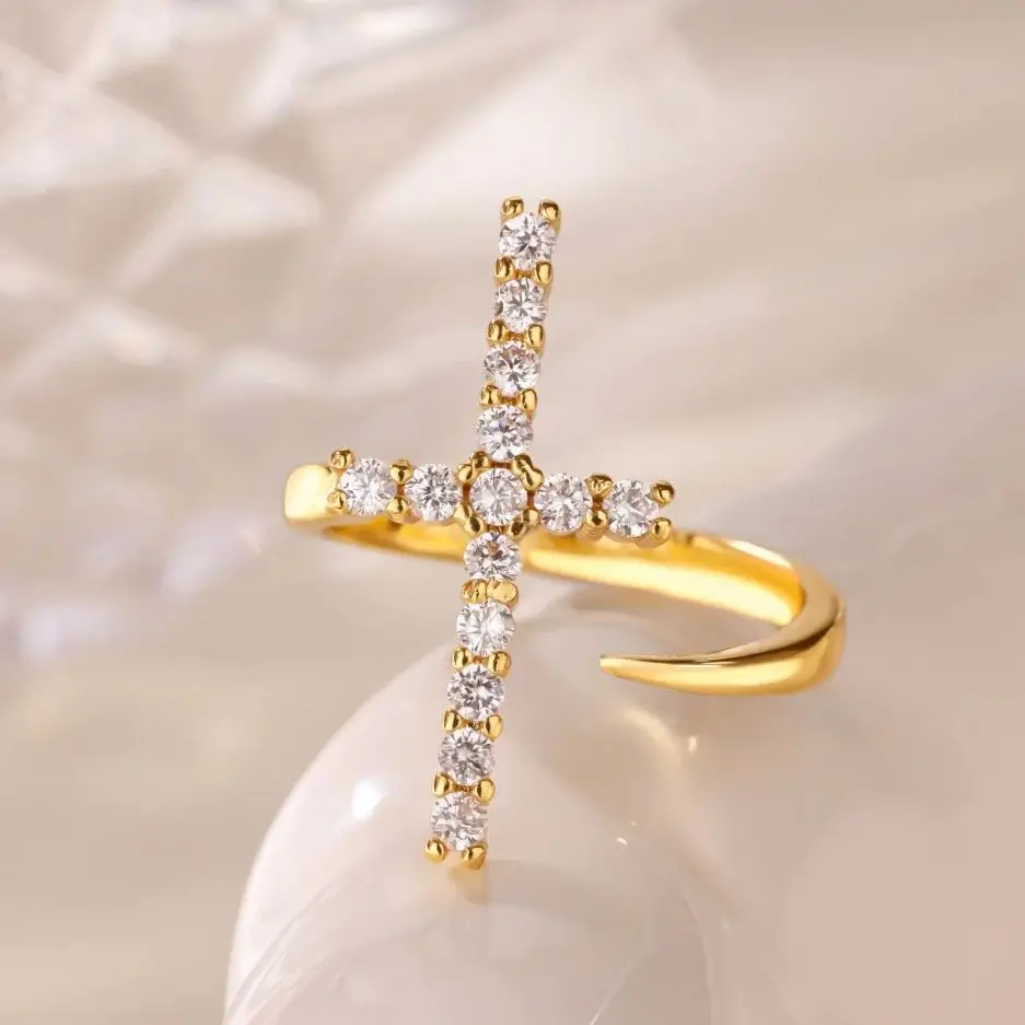 Luxury Zircon Cross Rings For Women Gold Color Stainless Steel Crystal Cross Opening Ring Design Wedding Christmas Jewerly Gift