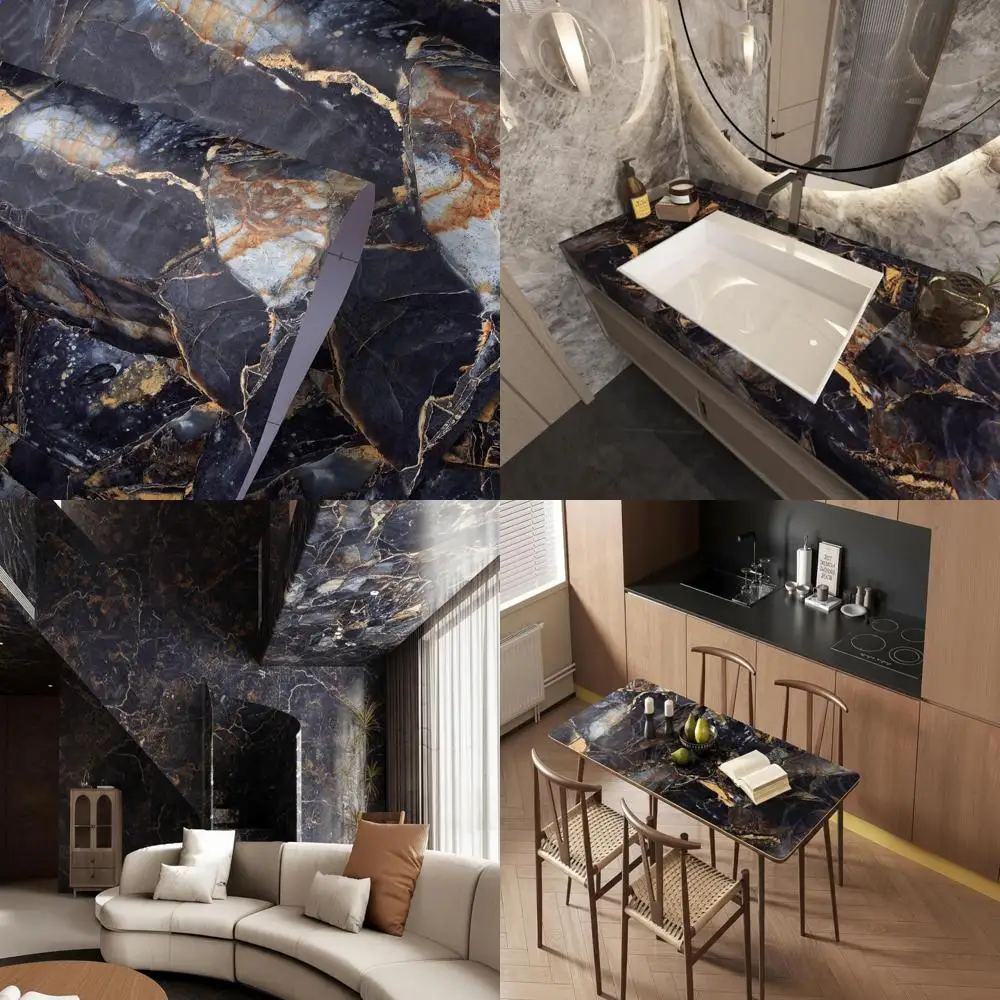 ورق اتصال محكم مقاوم للماء وقابل للإزالة ذاتي اللصق لامع أزرق داكن من الجرانيت ورق حائط واسع 24x393