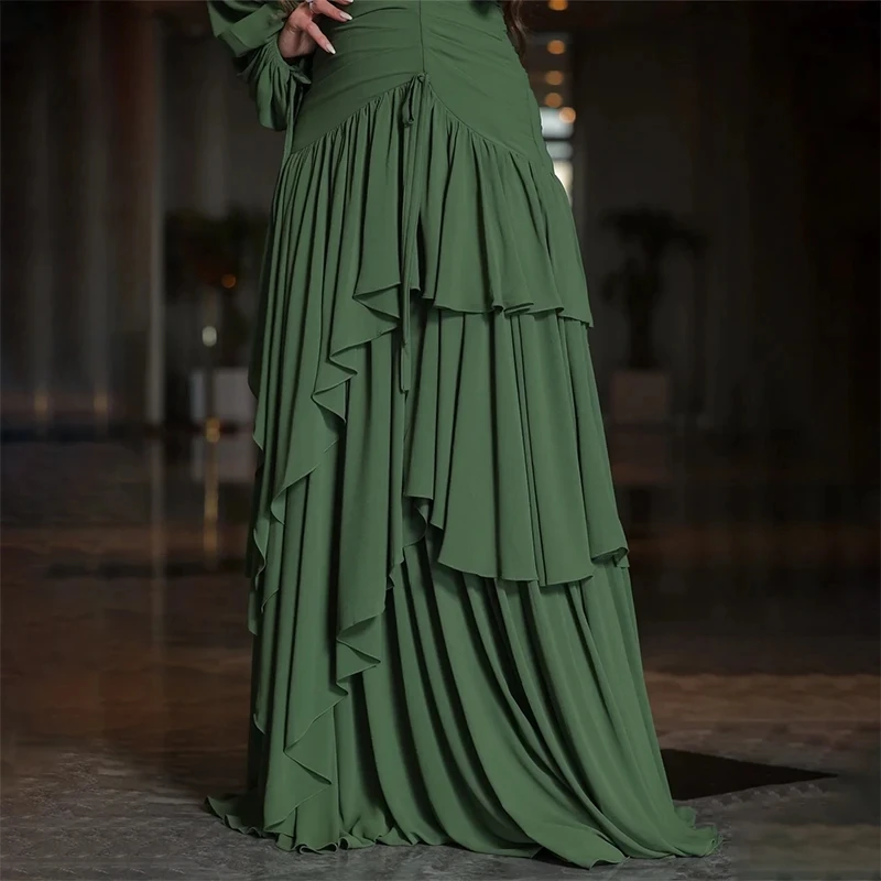 Customized Elegant Blackish Green V-Neck Formal Evening Dresses Dubai A-line Ruffle Tiered Long Sleeve Prom Dresses 2025