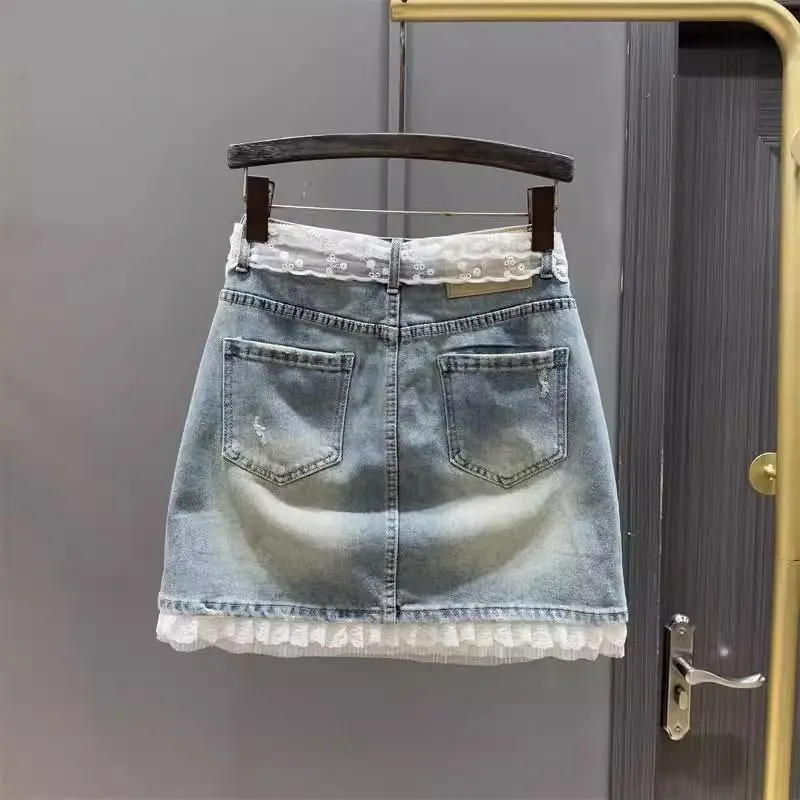 Lace Stitching Denim Skirt Women High Waist Slim Package Hip A-Line Short Skirt r33