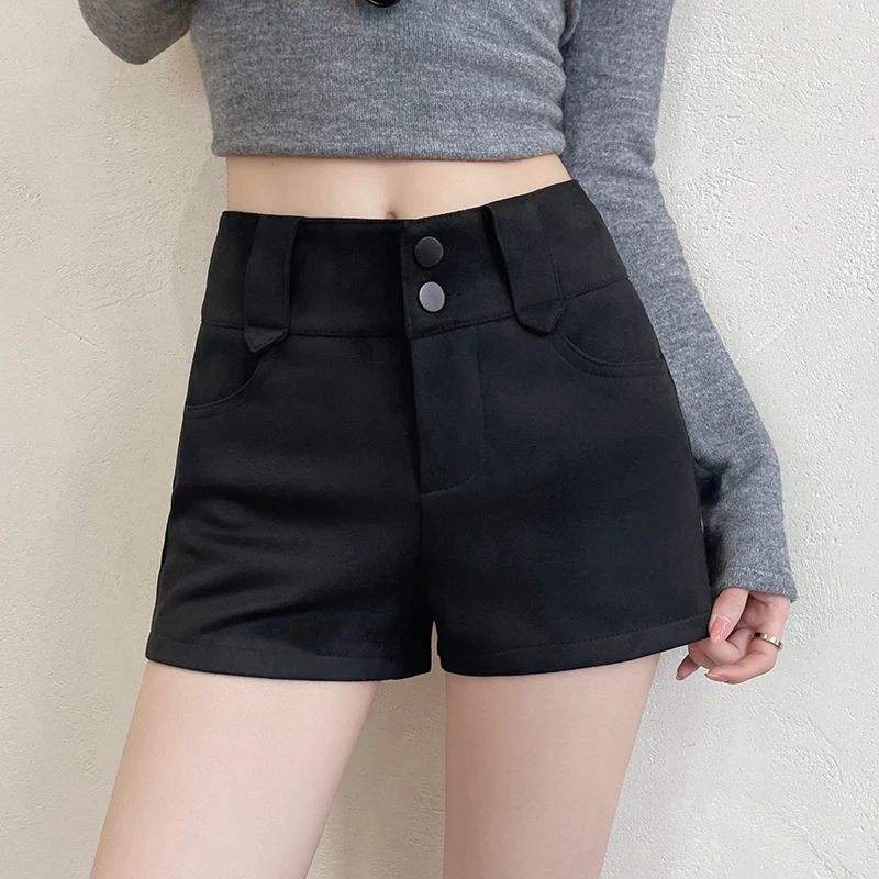Retro Brown Leatherette A-Line Shorts Versatile High Waist Zipper Closure Casual Style Skin-friendly Breathable Ladies' Shorts